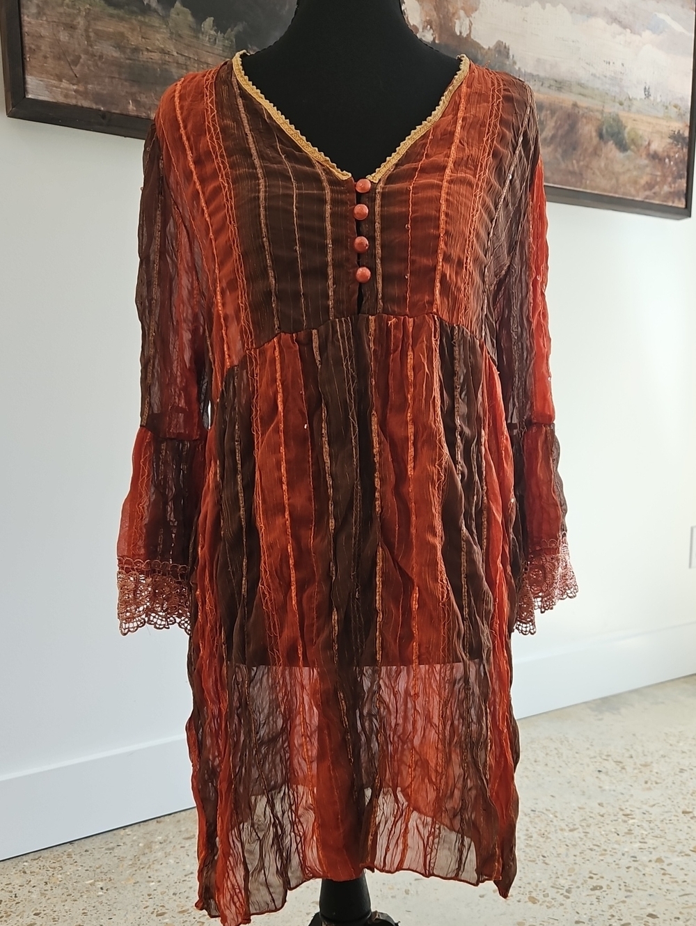 URBAN MANGO Boho Stripe Crinkle Tunic Dress in Rust and Brown